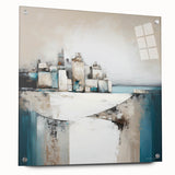 Abstract architecture wall art design displayed in acrylic glass, showcasing a side view with decorative pins. The vibrant colors and unique geometric patterns create an eye-catching focal point for modern interiors.