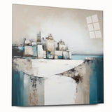 Abstract architectural wall art design displayed in a sleek acrylic glass frame, showcasing vibrant colors and geometric shapes that enhance modern decor aesthetics.