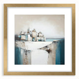 Abstract architectural wall art framed with a gold mat, showcasing geometric shapes and modern design elements that enhance contemporary interior decor.