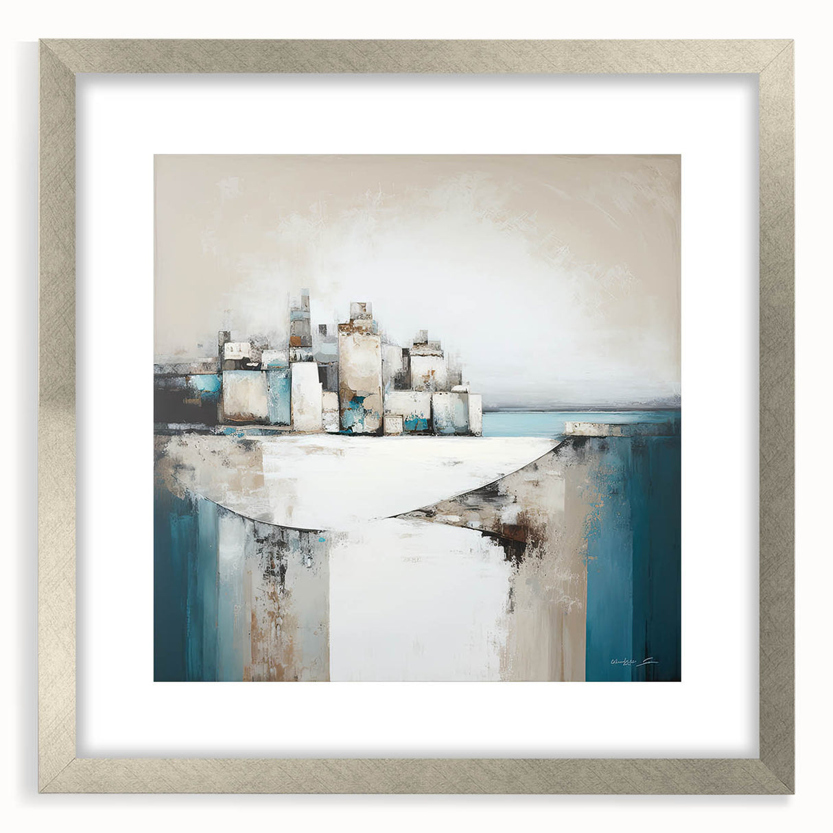 Abstract architecture wall art framed in silver, featuring geometric shapes and soft color gradients, perfect for modern home decor. Ideal for enhancing interior aesthetics.