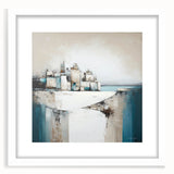 Abstract architectural wall art framed in white with a mat, showcasing geometric designs in muted tones, perfect for modern home decor and artistic spaces.