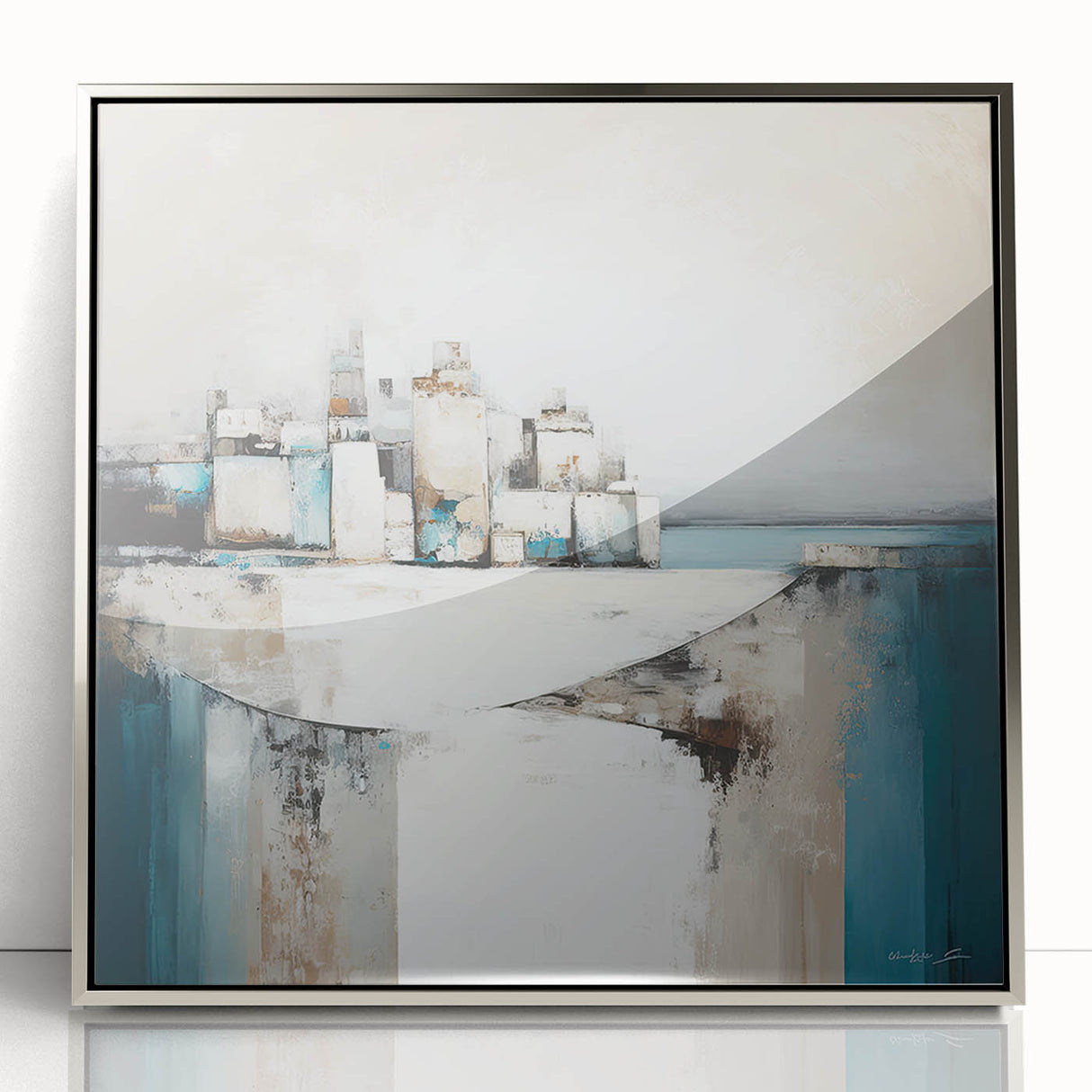 Framed acrylic wall art depicting an abstract architectural design in silver tones, showcasing modern aesthetics and elegance, perfect for contemporary decor.