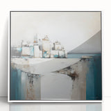 Framed abstract architecture wall art featuring geometric shapes in white and gray tones, displayed in a sleek acrylic frame, adding a modern touch to any decor.