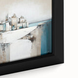 Close-up of a framed abstract architecture wall art piece showcasing intricate geometric patterns in vibrant blues and grays, perfect for modern decor.