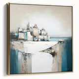 Framed abstract architecture wall art featuring a blend of silver and gold colors, showcasing modern design elements on a textured canvas, perfect for contemporary decor.