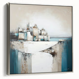 Framed canvas wall art showcasing an abstract architectural design in silver tones, displayed in a sleek side view, ideal for modern home decor.