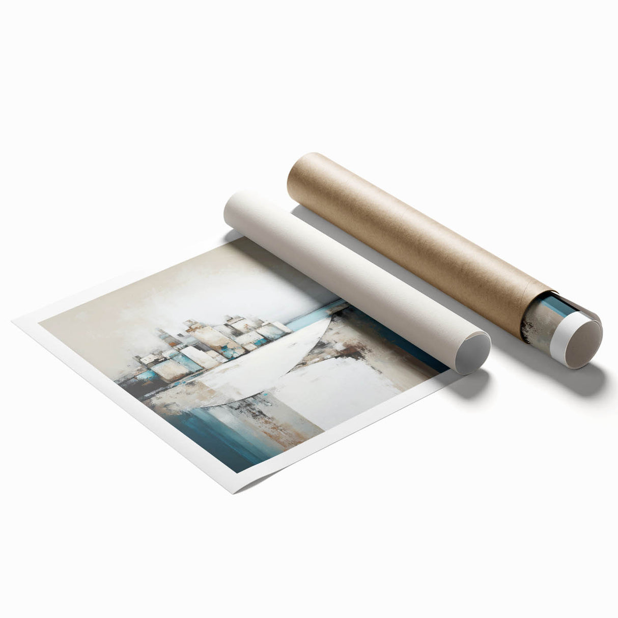 Abstract architectural wall art print showcasing geometric shapes and vibrant colors, rolled and securely packaged in a protective tube for easy display. This modern decor piece adds a contemporary touch to any interior space, perfect for art enthusiasts and home decorators.