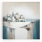 Abstract architecture wall art on stretched canvas showcasing geometric shapes and vibrant colors, perfect for modern home decor or office aesthetics.