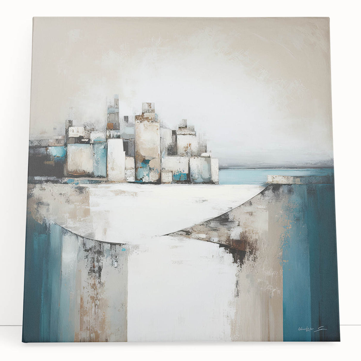 Abstract architectural wall art design printed on stretched canvas, featuring dynamic geometric shapes in bold colors, leaning against a modern backdrop. Perfect for contemporary home decor.