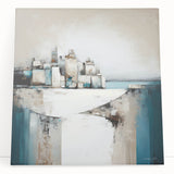 Abstract architectural wall art design printed on stretched canvas, featuring dynamic geometric shapes in bold colors, leaning against a modern backdrop. Perfect for contemporary home decor.