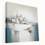 Abstract architectural wall art in vibrant colors, displayed on a stretched canvas with a side view, showcasing geometric shapes and modern design elements. Ideal for contemporary home decor.