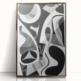 Framed abstract geometric art piece with a gold-accented design, showcasing intricate shapes and patterns against a sleek white background, ideal for modern decor.