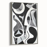 Abstract geometric framed canvas artwork with silver tones, showcasing a modern design from a side view. Ideal for contemporary home decor and art enthusiasts.