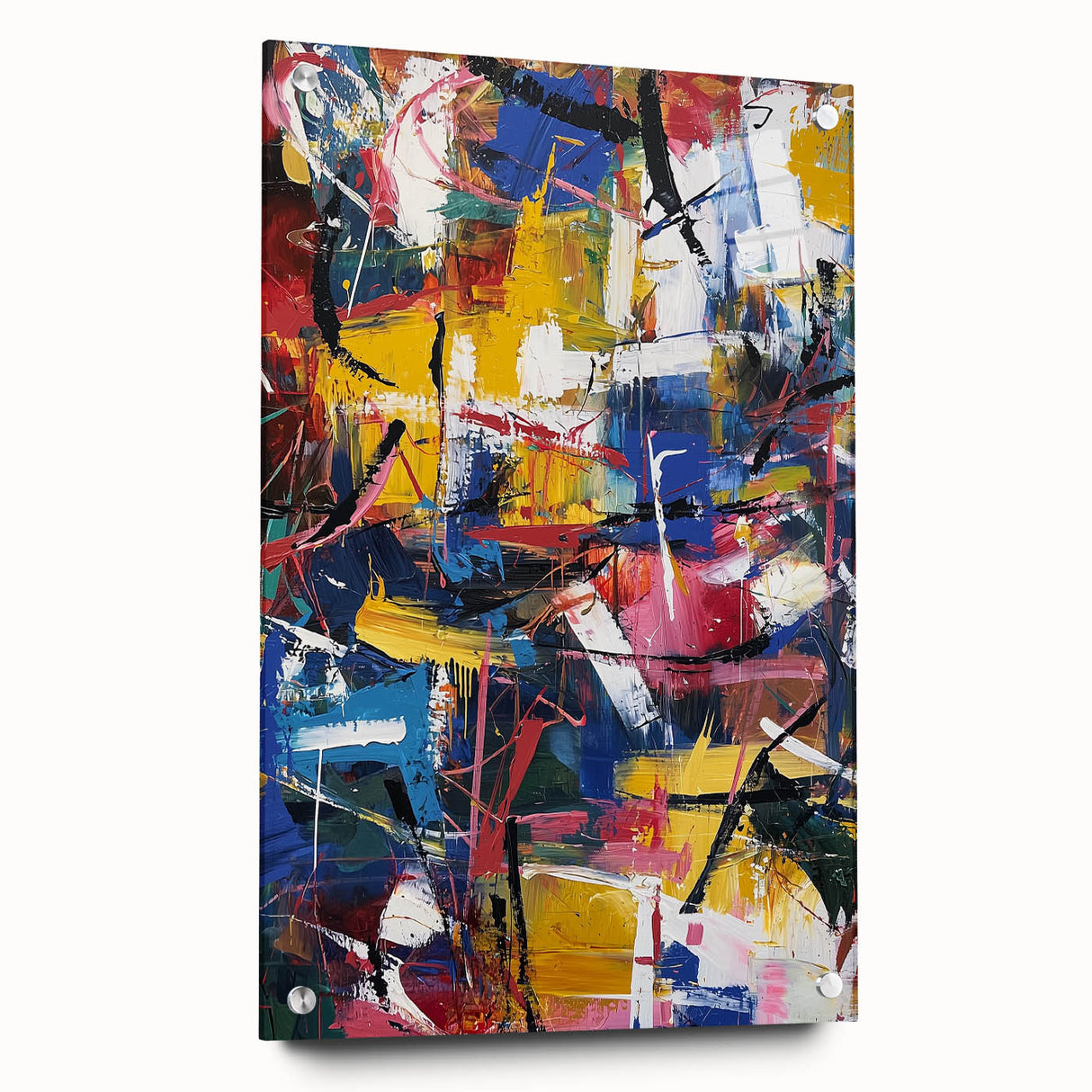 Abstract acrylic glass artwork showcasing vibrant splatters in rich colors, mounted with decorative pins against a sleek backdrop, ideal for modern decor.