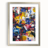 Abstract splatter art frame with a silver mat, showcasing vibrant colors and dynamic patterns, perfect for modern decor in living spaces or galleries.
