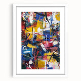 Abstract splatters art frame with mat in white, showcasing vibrant colors and unique patterns, perfect for modern home decor or gallery display.