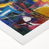 Abstract splatter art on rolled canvas showcasing vibrant hues of blue, orange, and yellow, ideal for modern home decor. Packaged securely in a durable tube for safe delivery.