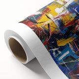 Abstract splatter design on rolled canvas featuring vibrant colors of blue, yellow, and red, ideal for modern home decor. Packaged securely in a cardboard tube.