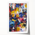 Abstract splatter art print on canvas showcasing vibrant colors of blue, yellow, and red. Ideal for modern home decor, rolled and shipped in a protective tube.