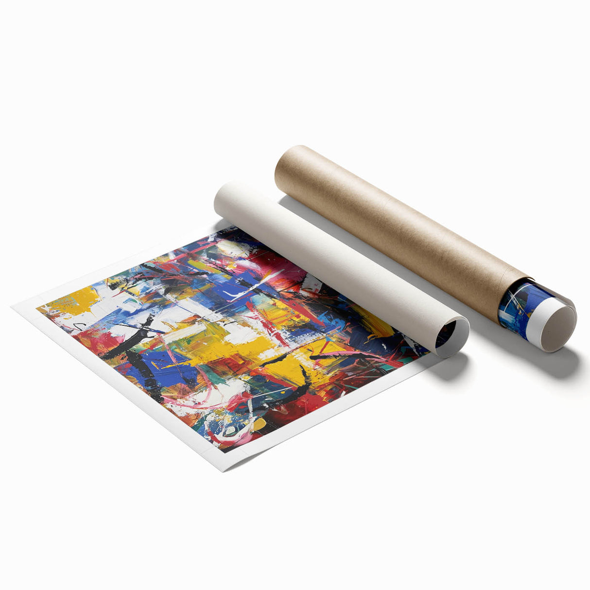 Colorful abstract splatter art print showcasing vibrant hues of blue, pink, and yellow, ideal for modern home decor, rolled and ready for framing.