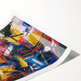 Abstract wall art print featuring vibrant splatters of blue, orange, and yellow colors on a textured surface, perfect for modern home decor. Rolled and ready for framing, this artwork adds a dynamic touch to any living space or gallery wall.