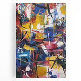 Abstract splatter canvas art showcasing vibrant colors of blue, yellow, and orange, ideal for modern home decor, adding dynamic energy to any room.