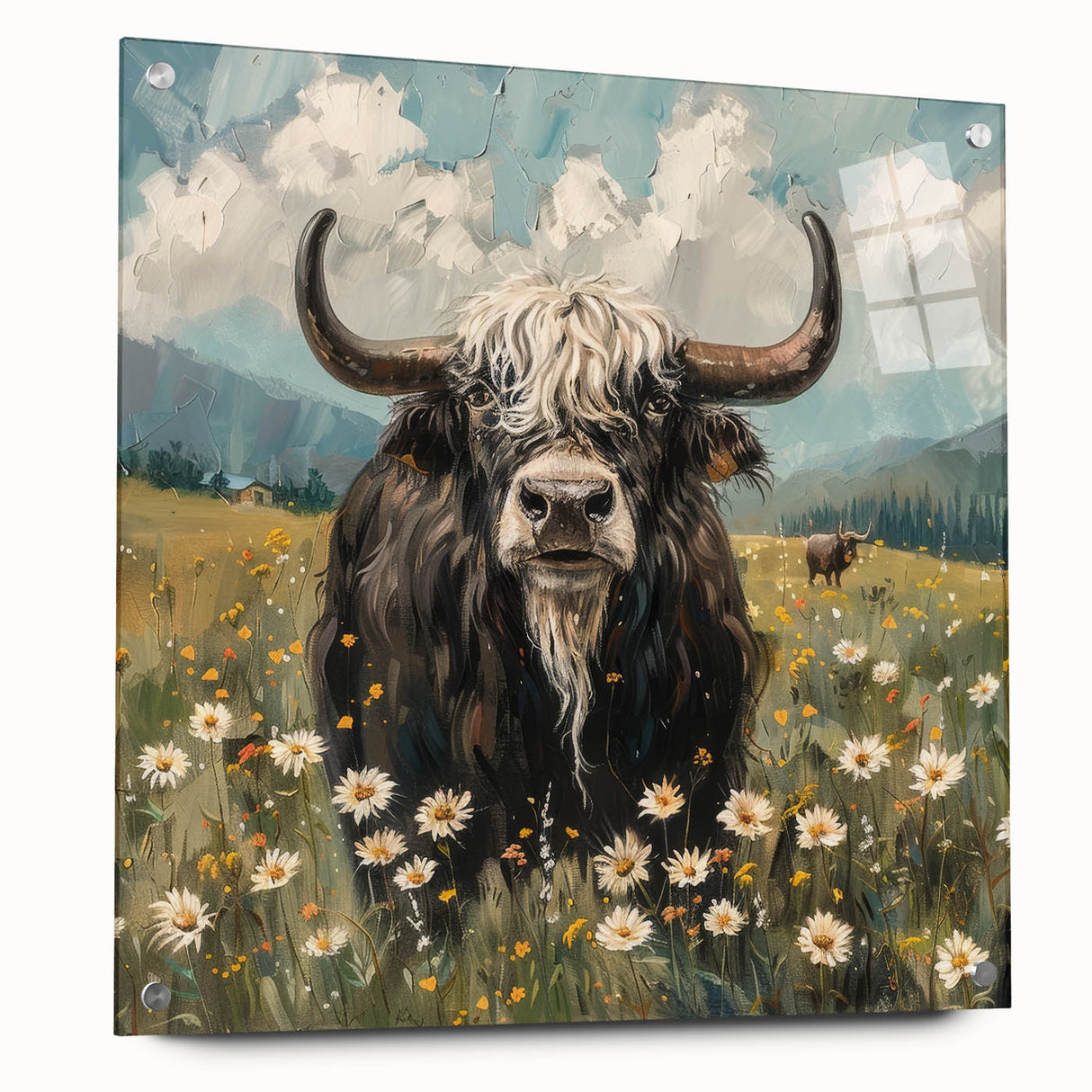 Acrylic glass artwork showcasing a side view of a vibrant animal design, featuring intricate details and colorful pins, ideal for modern home decor.