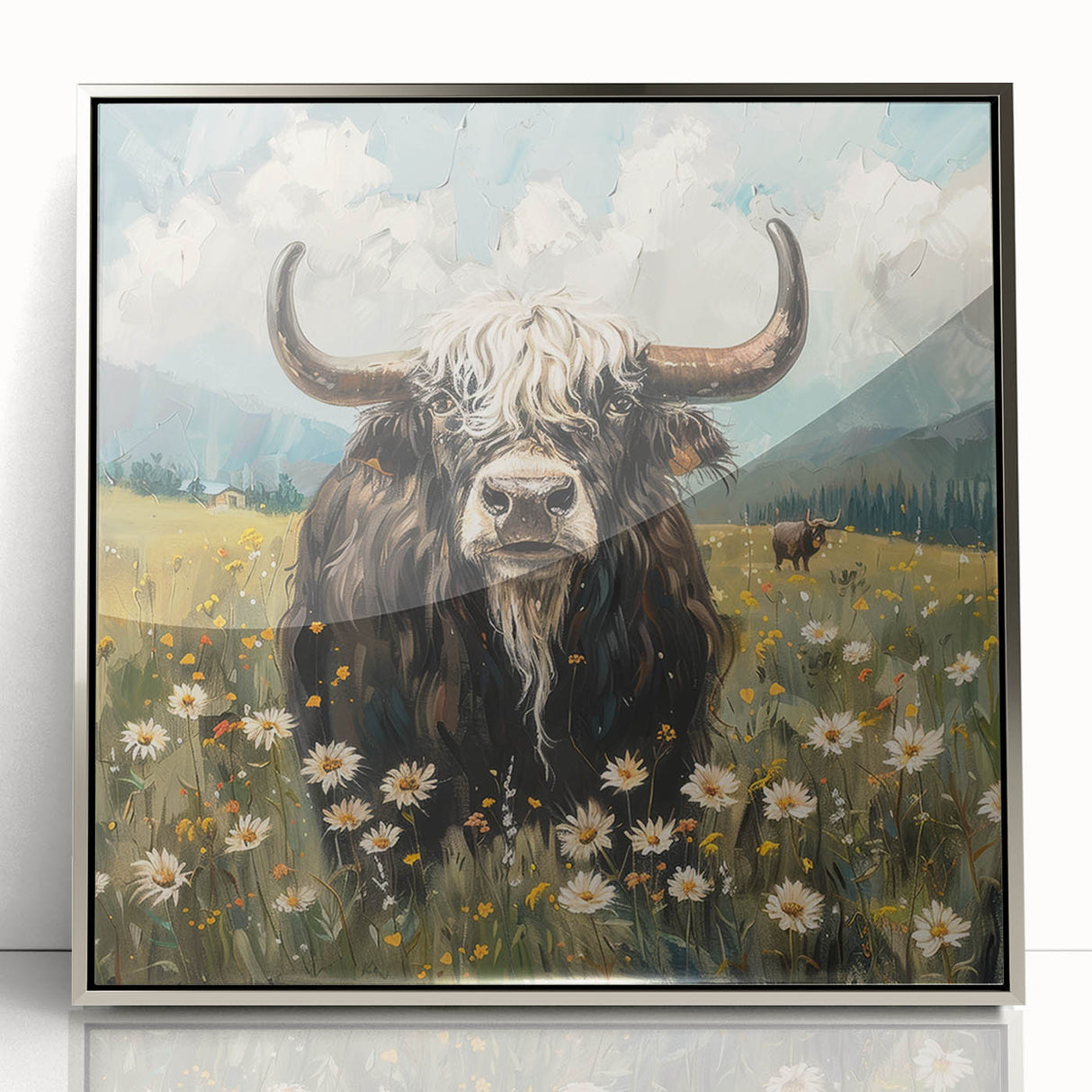 Framed acrylic artwork showcasing a vibrant animal design with a silver front, perfect for modern decor. Ideal for adding a stylish touch to living spaces or offices.