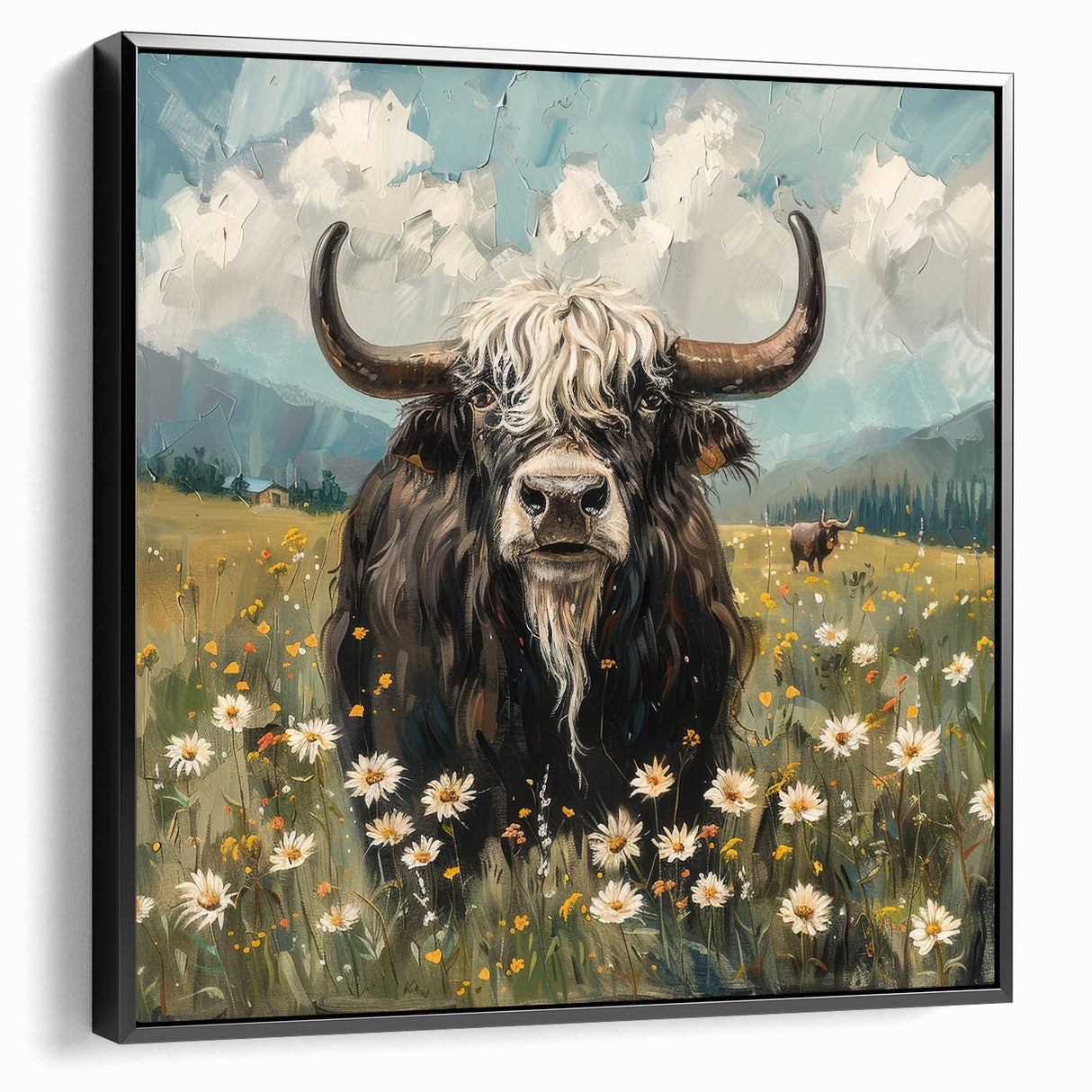 Framed canvas artwork showcasing a vibrant animal design, featuring bold colors and intricate details, displayed against a black background for added contrast.
