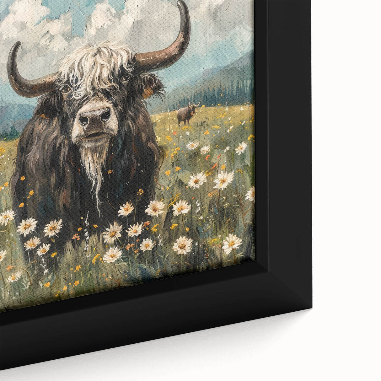 Close-up of a framed canvas showcasing vibrant animal illustrations, featuring intricate details and rich colors, perfect for enhancing home decor and art collections.