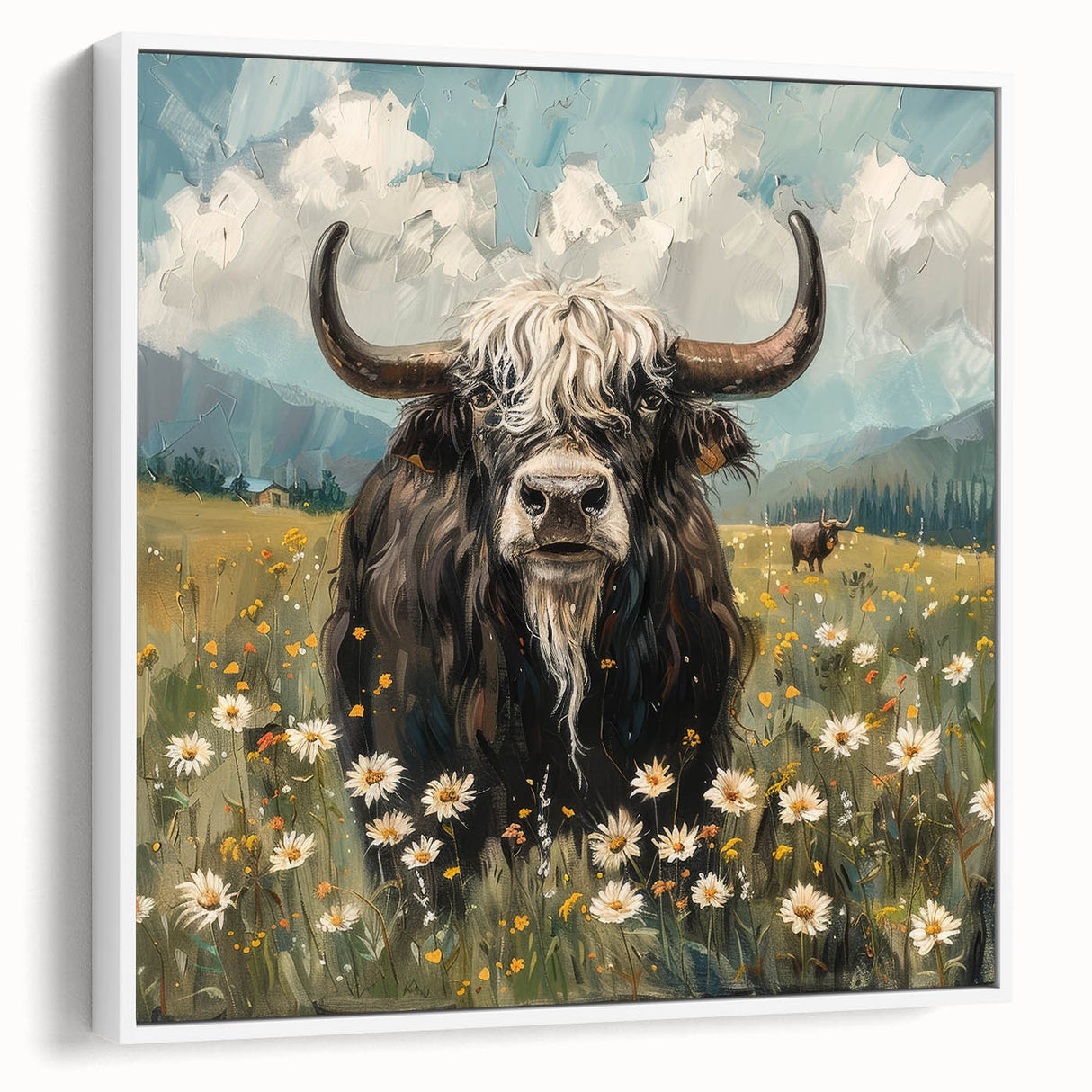 Framed canvas artwork showcasing a colorful animal design, featuring vibrant hues and intricate details, displayed from a side view against a white backdrop.