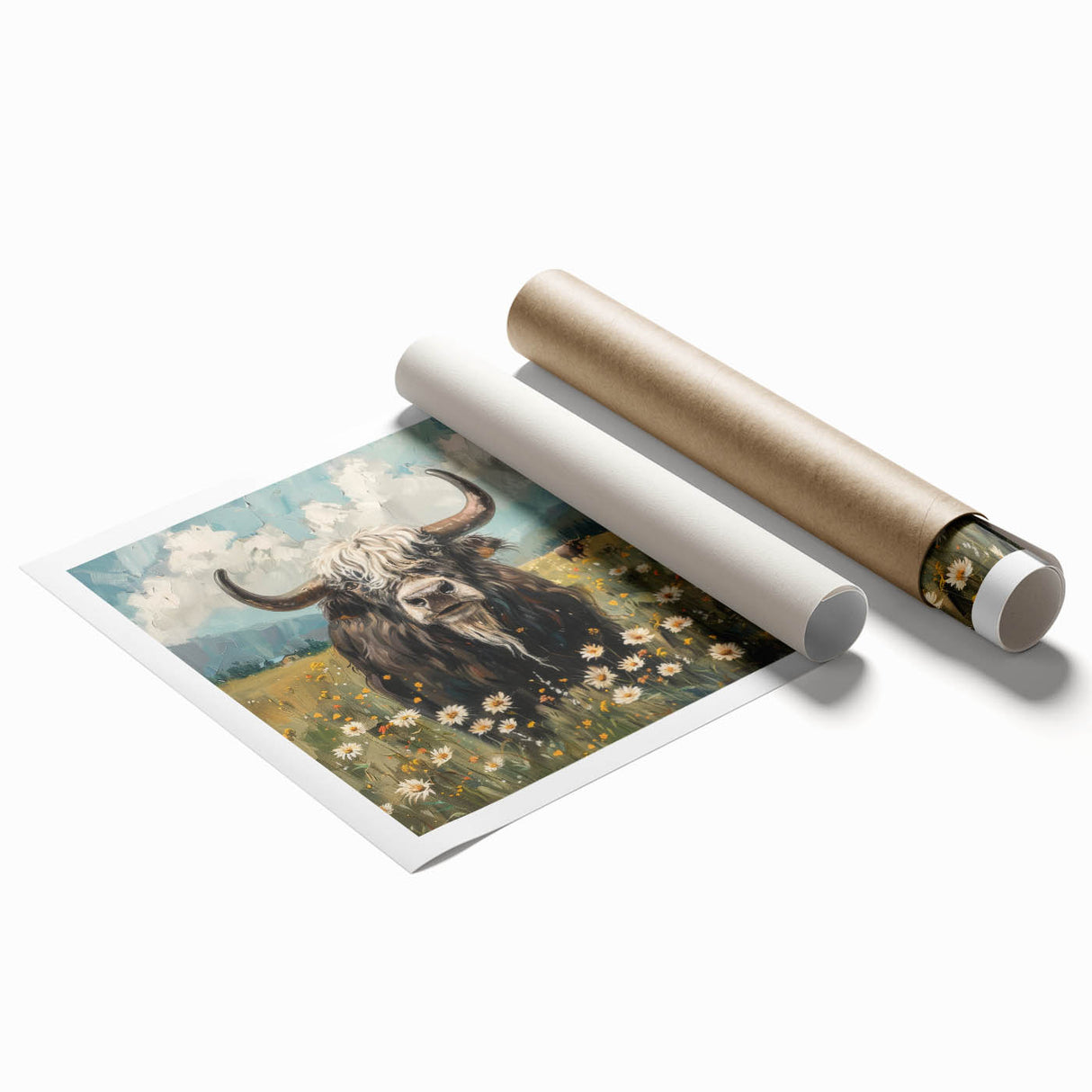 Rolled canvas print showcasing intricate animal illustrations in vibrant colors, carefully packaged in a protective cardboard tube, perfect for home decor enthusiasts.