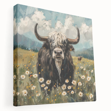 Stretched canvas artwork showcasing a vibrant animal design in rich colors, perfect for home decor. Side view highlights its textured finish and modern aesthetic.
