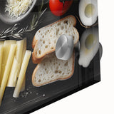 Large abstract wall art on acrylic glass featuring assorted food dishes in muted earth tones, ideal for dining room decor.