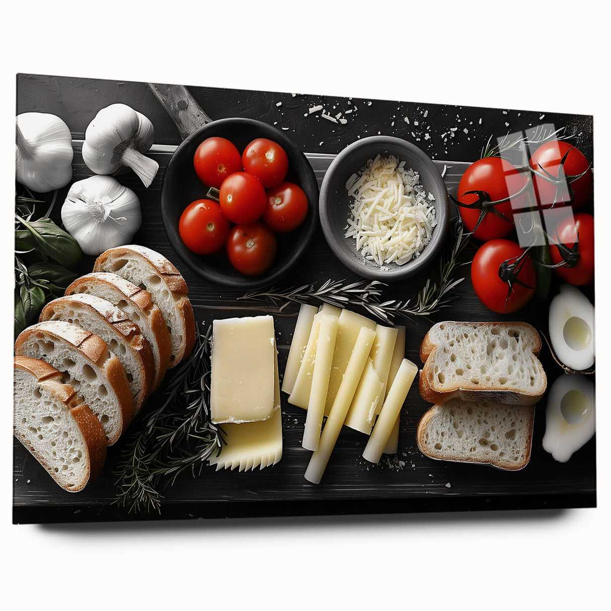 Large abstract wall art featuring assorted food dishes in vibrant colors on acrylic glass.