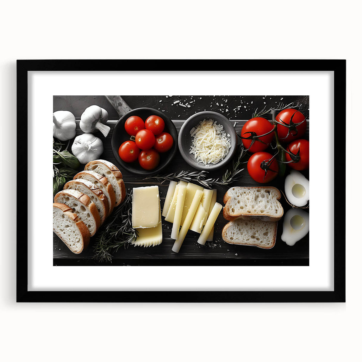 Extra large framed abstract art print of colorful, textured food dishes, ideal for living room decor.