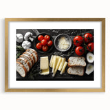 Extra large framed abstract art print depicting various textured food dishes in muted earth tones.