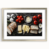 Textured abstract art print featuring assorted food dishes in muted earth tones, framed with a silver mat.