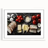 Abstract art print of assorted food dishes in muted earth tones on a white framed mat, ideal for dining room decor.