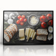 Large abstract wall art featuring assorted food dishes in a mid-century modernist style, framed in black acrylic.