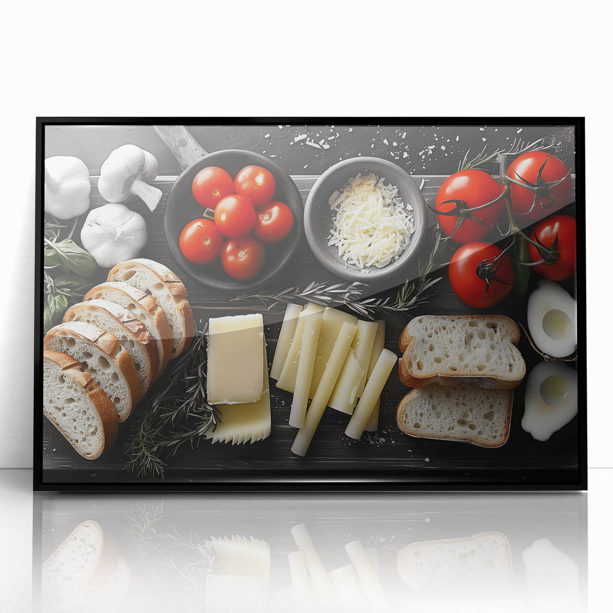 Large abstract wall art featuring assorted food dishes in a mid-century modernist style, framed in black acrylic.