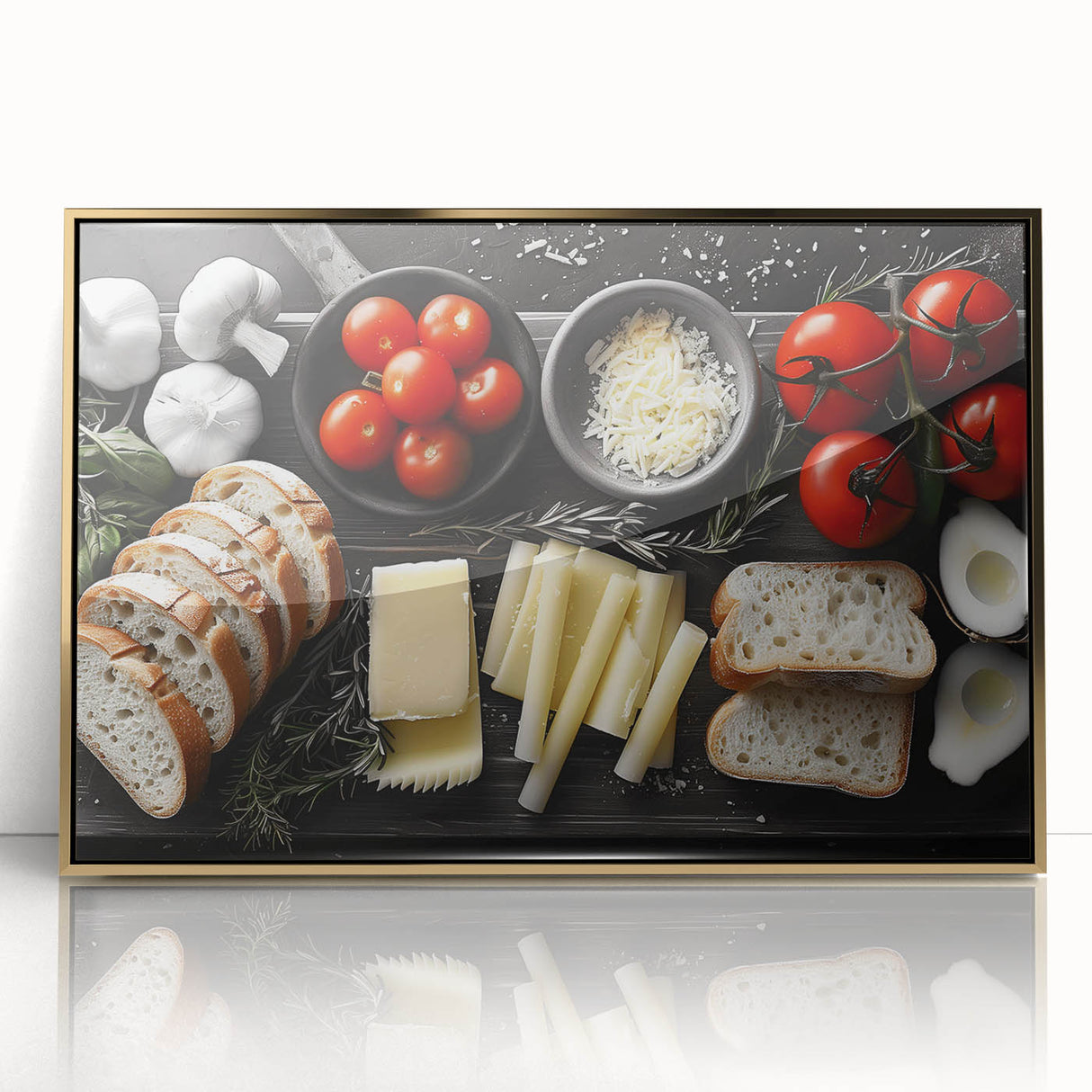Framed acrylic print featuring an array of colorful food dishes in a mid-century modernist style.