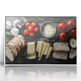 Art deco poster featuring an array of colorful food dishes on a white acrylic framed print.