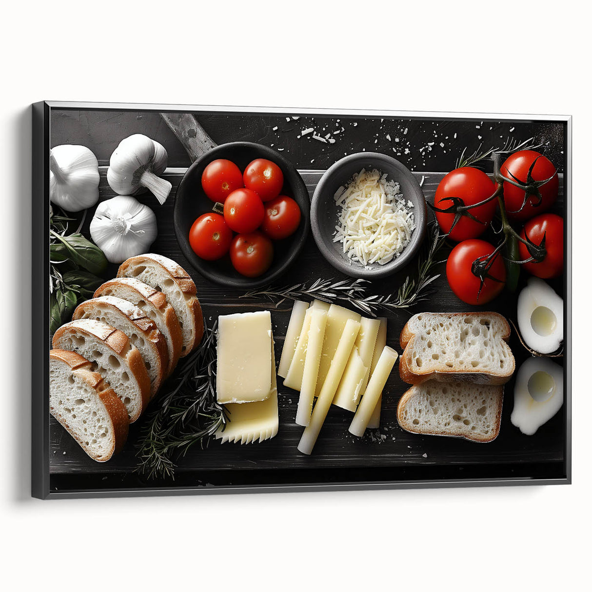 Black and white wall art featuring a vintage poster of various food dishes on a framed canvas, ideal for bedroom decor.