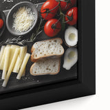 Extra large, black framed canvas featuring a close-up of colorful, textured food dishes, ideal for living room decor.