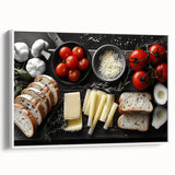 Extra large framed canvas featuring vintage poster art of colorful food dishes on a black background.