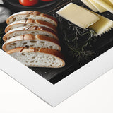 Art Deco poster featuring an array of colorful food dishes on a rolled canvas, ideal for dining room wall art.