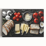 Black and white stretched canvas featuring an array of detailed food dishes, ideal for kitchen wall art.