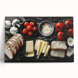 Black and white canvas featuring various food dishes, ideal for kitchen wall art.