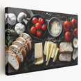 Large art print on stretched canvas featuring an array of colorful food dishes, ideal for kitchen wall art.